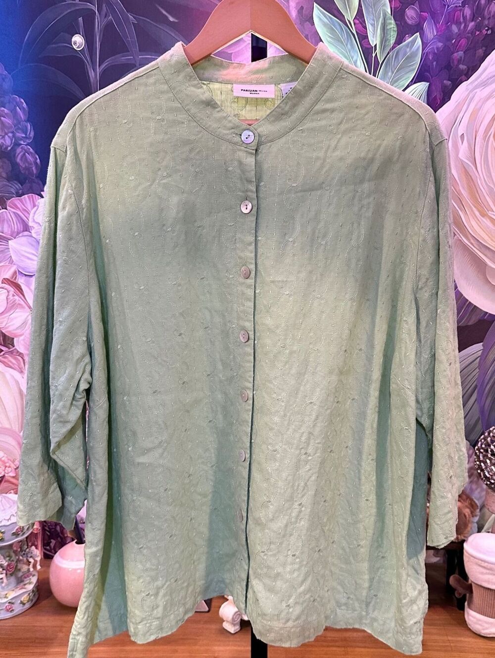 Parisian Works Woman 3X 100% Linen Tunic Shirt Embroidered Boho Cottagecore Sage